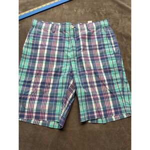 Vineyard Vines Plaid Chino Shorts Mens Size 33 Blue Green Pink Cotton Flat Front